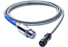 A metal-braided industrial cable with a cylindrical sensor on one end and a black circular connector on the other, coiled neatly against a light background.